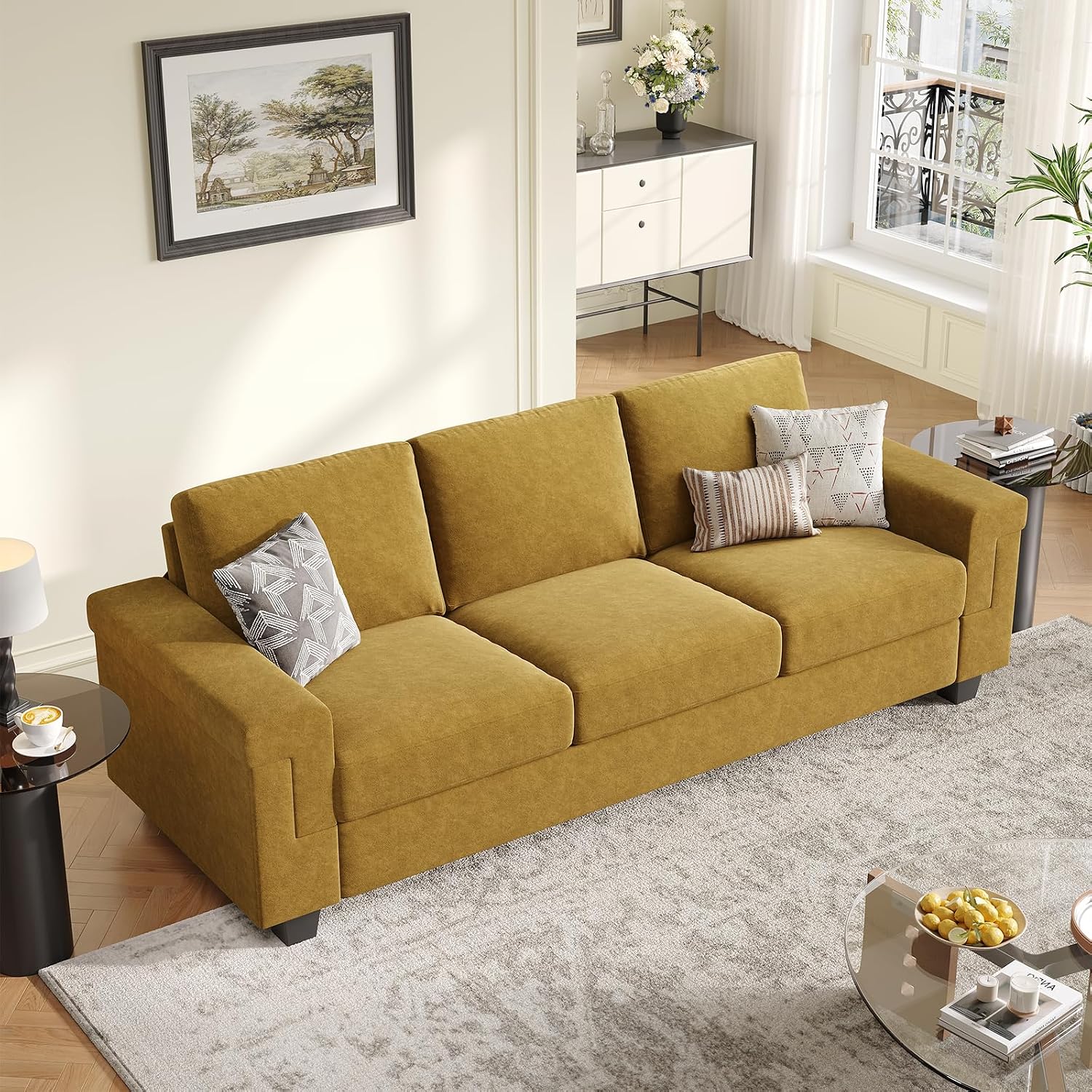 COPIAE 3 Seater Sofa Couch with Deep Seat, 90' Modern Upholstered Sofa with Armrests, Easy Installation, Comfy Couches for Living Room, Apartment, Yellow