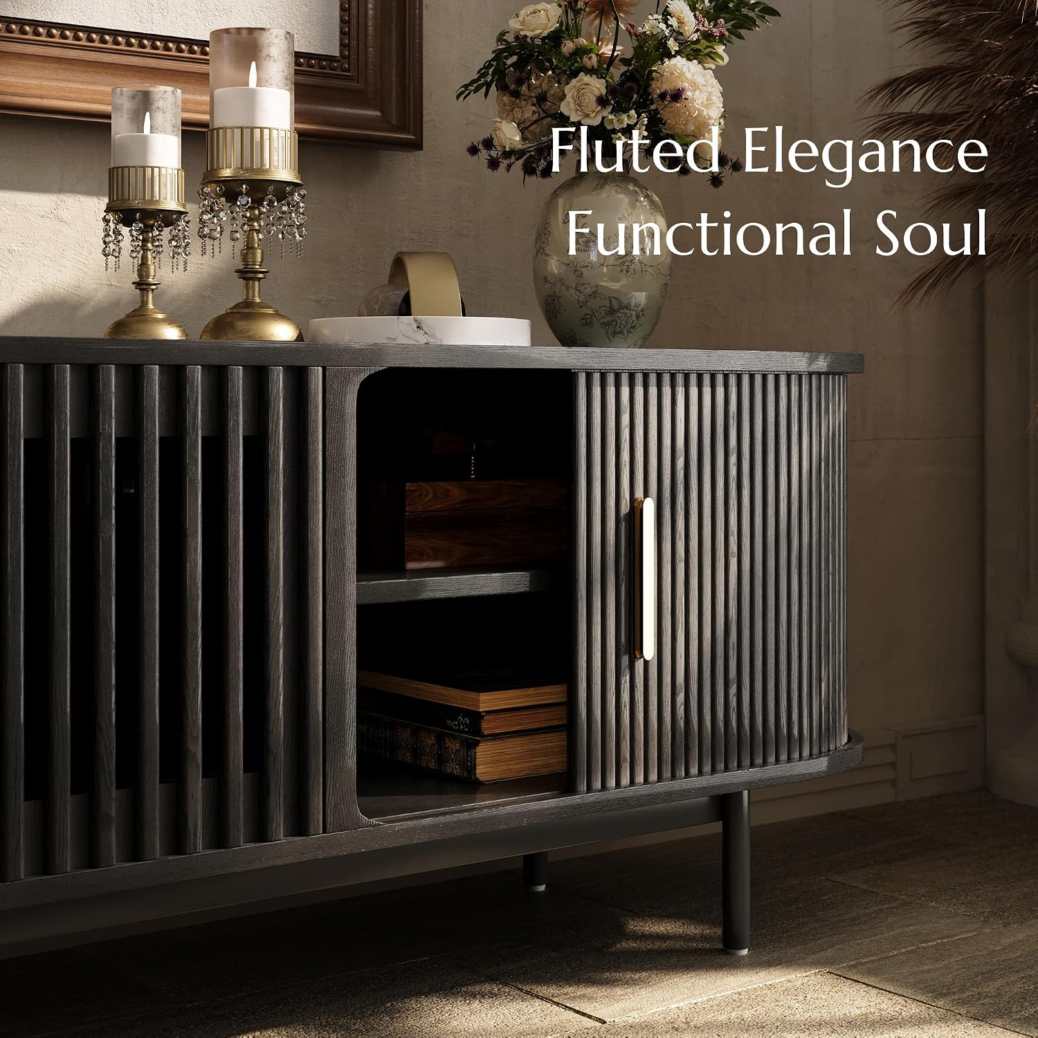 POVISON Fully-Assembled Mid Century Modern TV Stand for 75+ inch TV, Sliding Door Entertainment Center with Storage, Wood TV Console, Media Console for Living Room Bedroom(Black, 94.49')