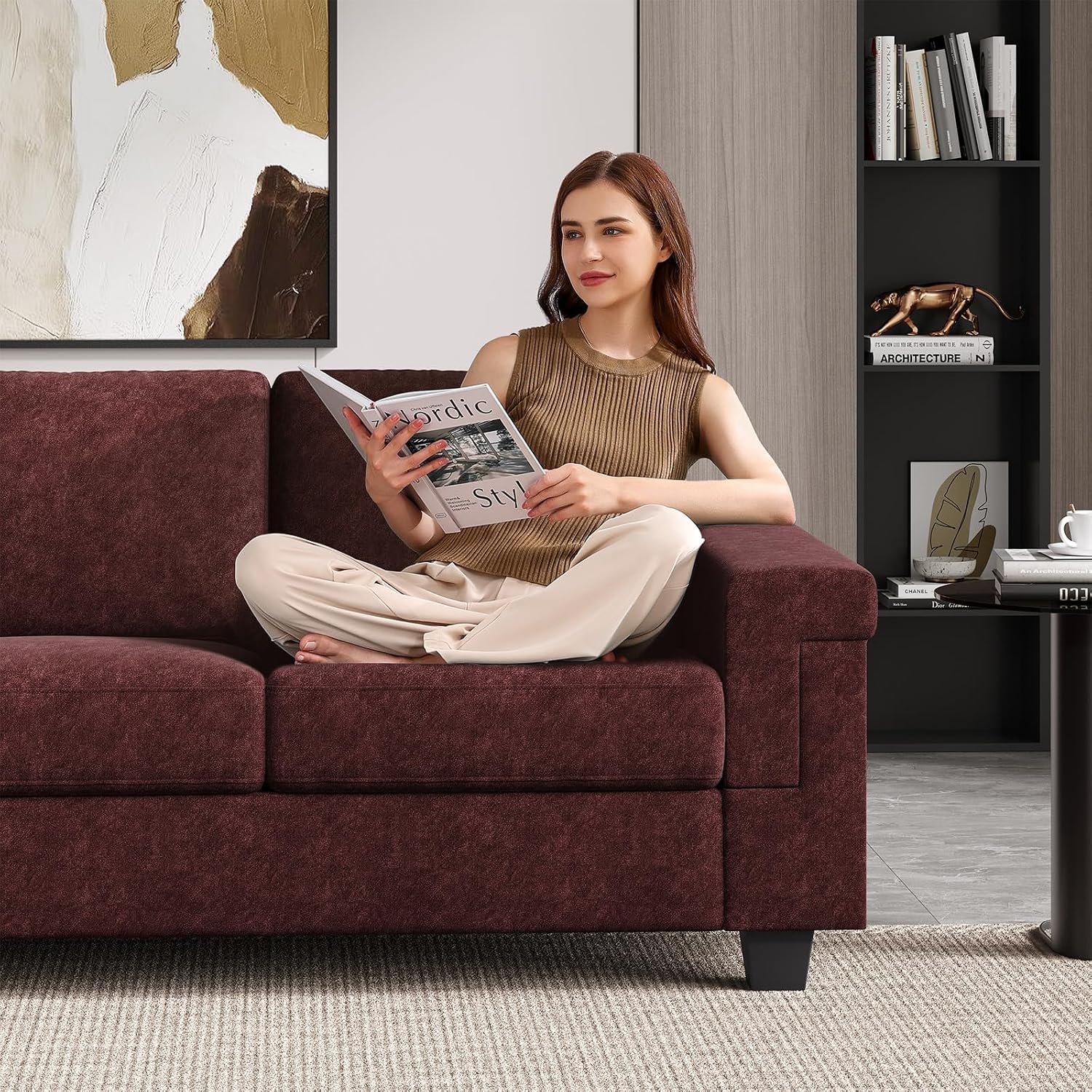 COPIAE 3 Seater Sofa Couch with Deep Seat, 90' Modern Upholstered Sofa with Armrests, Easy Installation, Comfy Couches for Living Room, Apartment, Burgundy
