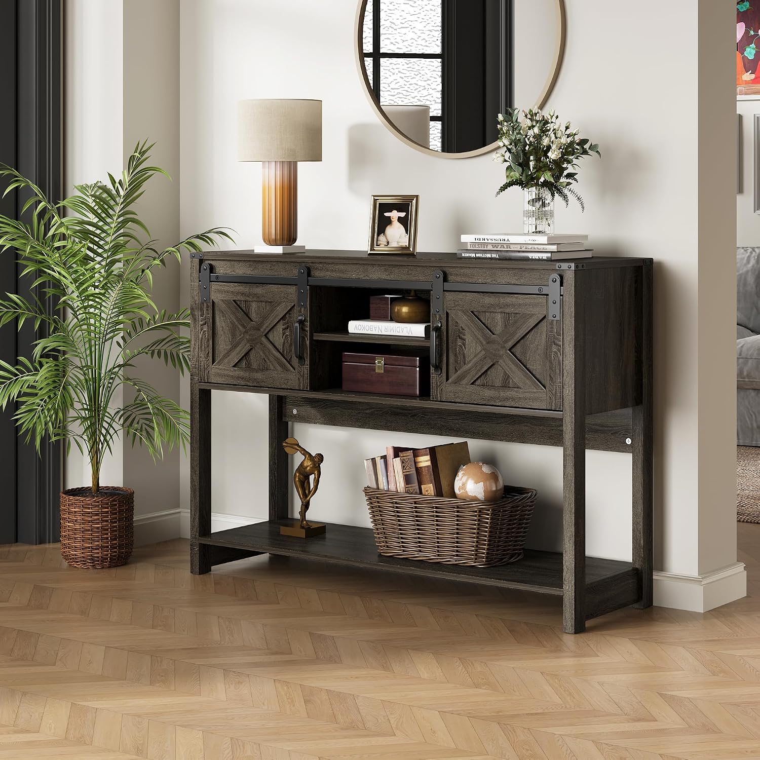 RoyalCraft Console Table with Storage Shelf & Sliding Barn Door, Farmhouse Entryway Table with Storage, 46' Narrow Long Sofa Table, Behind Couch Table, Console Tables for Living Room, Entryway, Foyer