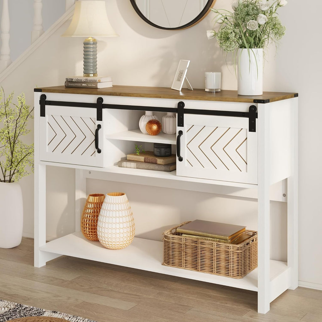 RoyalCraft Console Table with Storage Shelf & Sliding Barn Door, Farmhouse Entryway Table with Storage, 46' Narrow Long Sofa Table, Behind Couch Table, Console Tables for Living Room, Entryway, Foyer