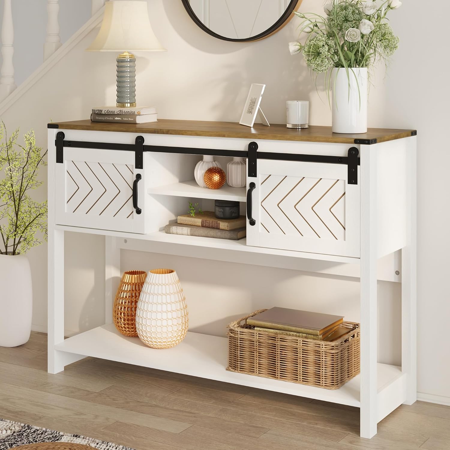 RoyalCraft Console Table with Storage Shelf & Sliding Barn Door, Farmhouse Entryway Table with Storage, 46' Narrow Long Sofa Table, Behind Couch Table, Console Tables for Living Room, Entryway, Foyer