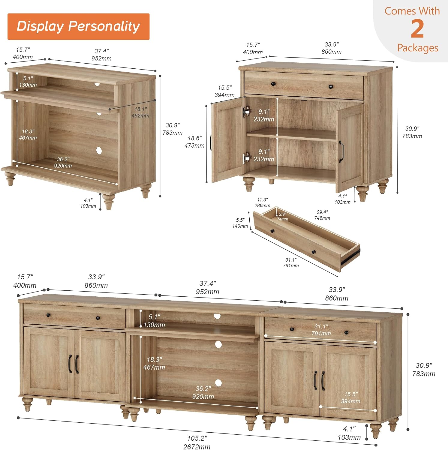 WAMPAT Farmhouse TV Stand for TVs up to 100'', Home Entertainment Center with 8 Storages for 75/80/85/90 inch TV, Large TV Console Table for Living Room, Bedroom, Oak