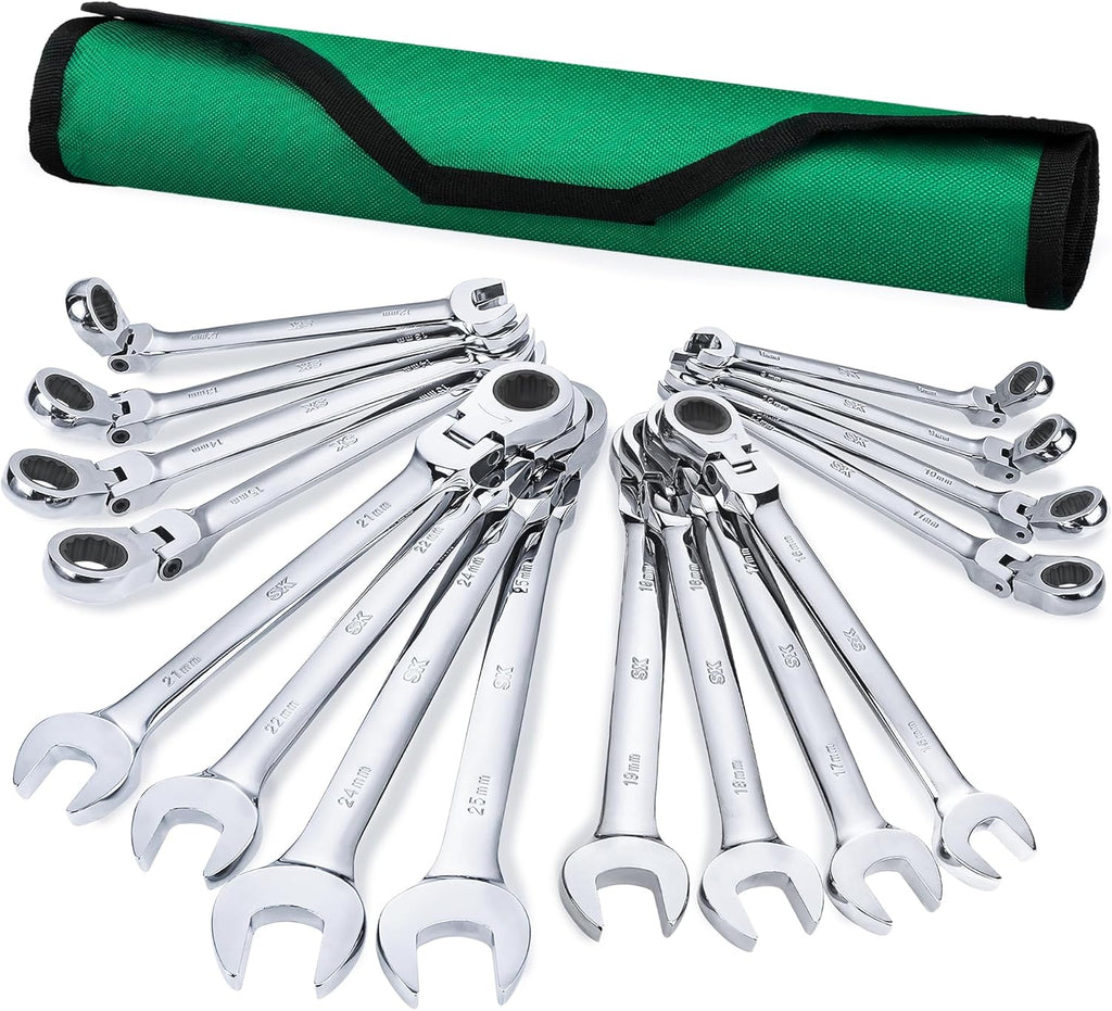 SK Flex-Head Ratcheting Wrench Set, Combination Wrench Set, 16-Piece, Metric 8 to 25mm, 72-Tooth, Premium CR-V Construction, with Rolling Pouch