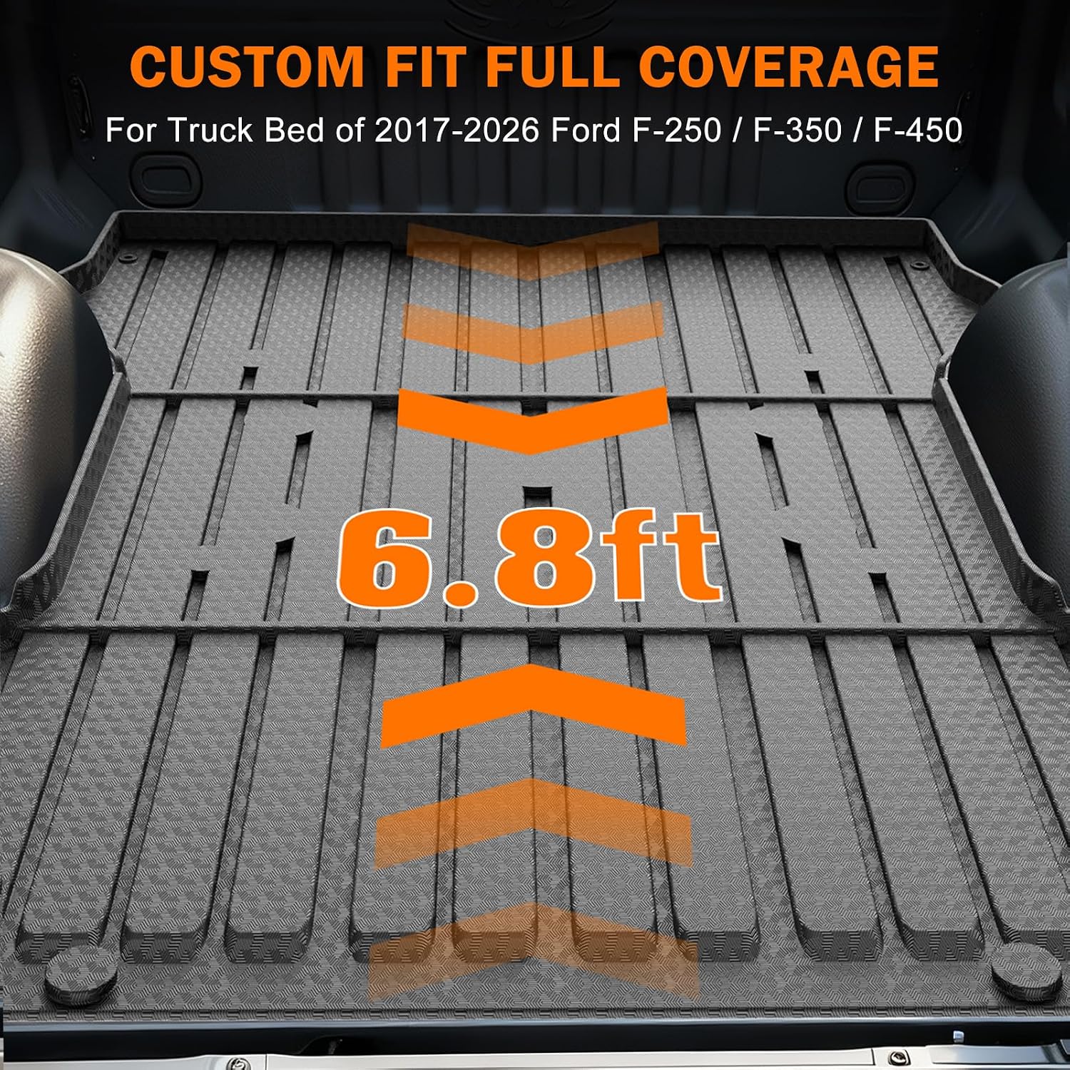 KUST Floor Mats Set for 2017-2026 Ford F250/F350/F450 Super Duty Crew Cab (Only for Rear Seat with Under-Seat Storage), 6.8FT Truck Bed Mat All Weather F250 Accessories TPE Rubber Raised Edge