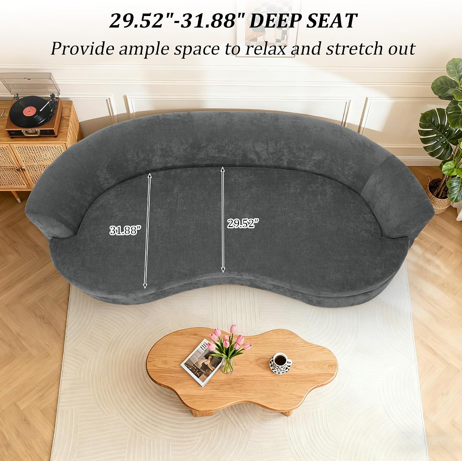 95' Modern Curved Sofa, Chenille Fabric Comfy Cloud Couch, No Assembly Required Half Moon Couch with Deep Seat, 4 Pillows for Living Room, Apartment, Bedroom