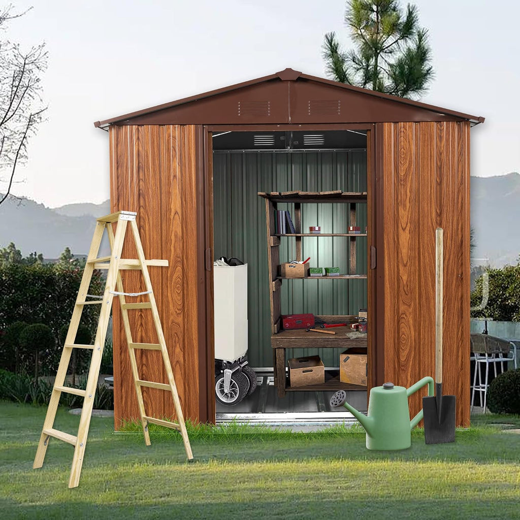 6 x 6 FT Outdoor Storage Shed with Floor Base and Window,Heavy Duty Metal Shed w/Sliding Doors & Padlock,Punched Vents,Large Waterproof Tool Sheds,Easy to Assemble,Coffee