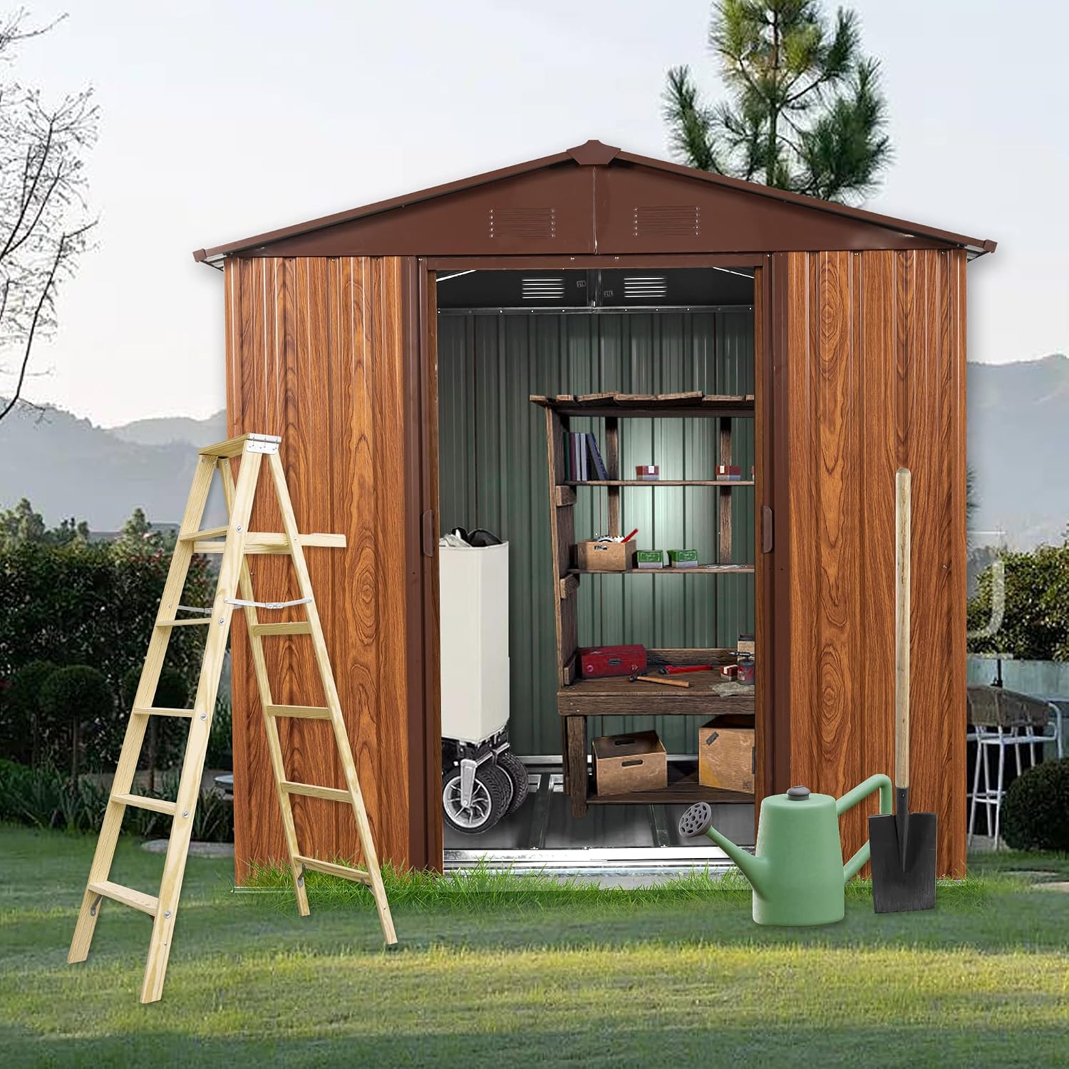 6 x 6 FT Outdoor Storage Shed with Floor Base and Window,Heavy Duty Metal Shed w/Sliding Doors & Padlock,Punched Vents,Large Waterproof Tool Sheds,Easy to Assemble,Coffee