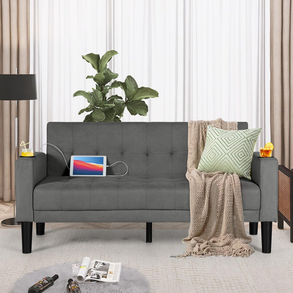 AILEEKISS 62' Loveseat Couches Upholstered Fabric Linen Love Seat Sofas Couch with 2 USB, Cup Holders, Side Pocket, Modern Tufted Sofa for Living Room, Office, Bedroom, Apartment (2-Seat, Dark Grey)