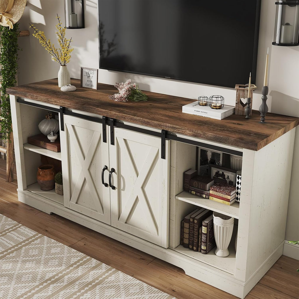 AMERLIFE Fireplace TV Stand with Sliding Barn Door for TVs up to 73', Farmhouse 63' Fireplace Entertainment Center with Storage Cabinets/Adjustable Shelves, Distressed White & Barnwood