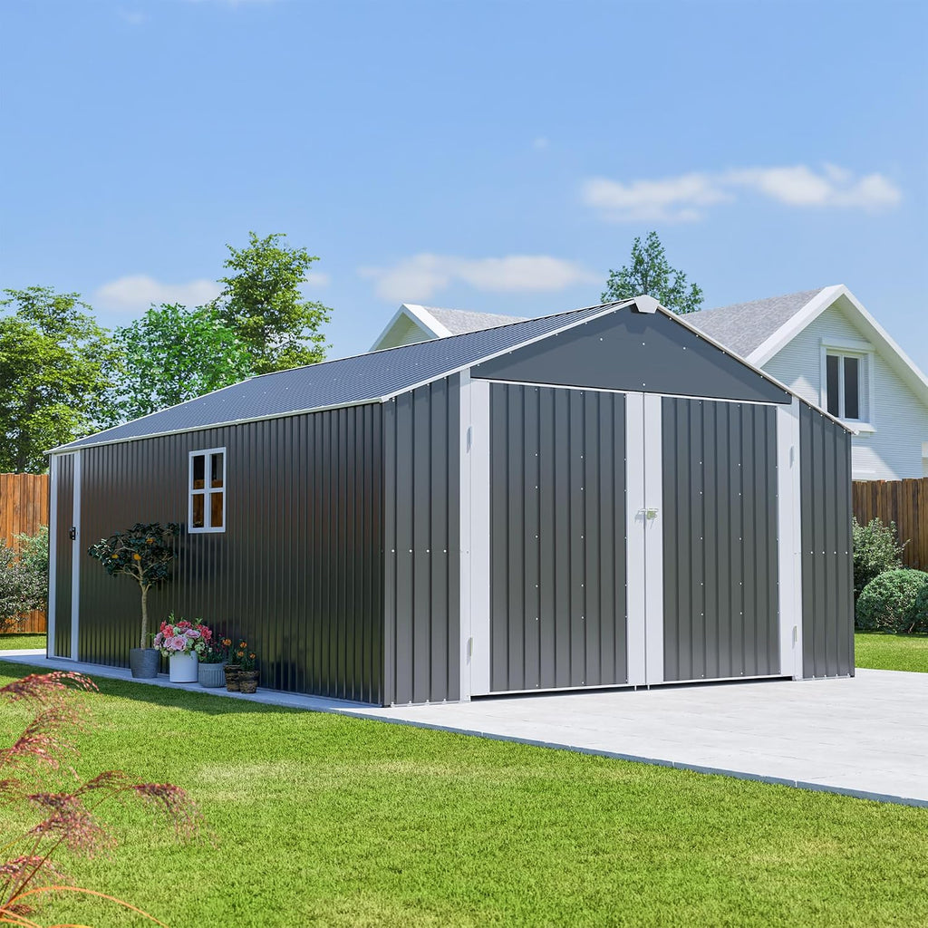 YOPTO 12x20 FT Outdoor Storage Shed,Metal Shed W/ 2 Windows & Lockable Reversible Door,Garden Tool House W/Updated Frame Structure & Sloped Roof,All Weather Waterproof for Backyard,Patio,Lawn,Grey