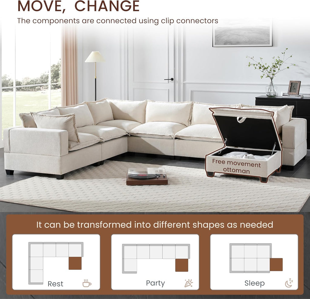 Ball & Cast Oversized U Shaped Sectional Couch with Movable Storage Ottoman,7 Seat Chenille Upholstered Sectional Sofa w/9 Pillows,DIY Combination,Wide Seat Couches for Living Room,Office,Beige
