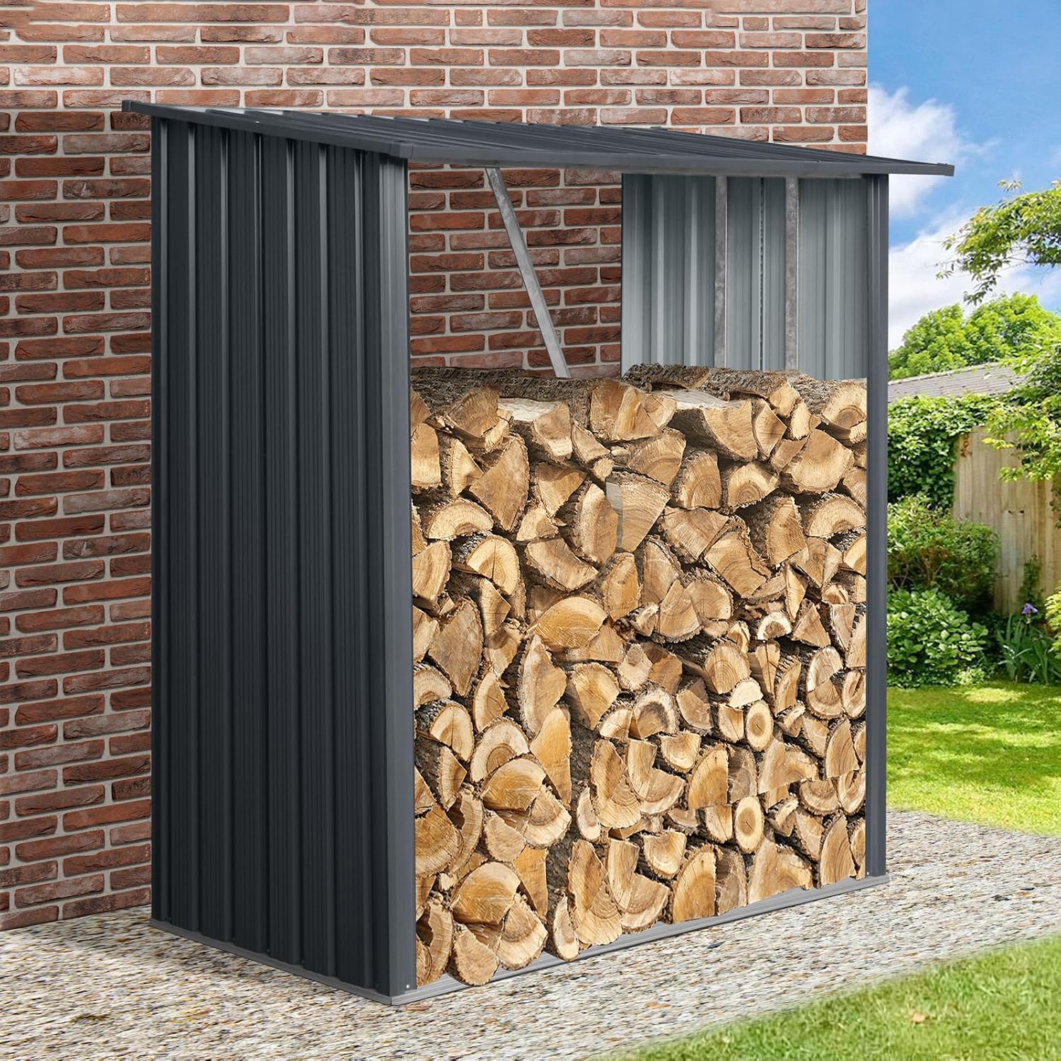 5.4 * 3FT Outdoor Metal Firewood Rack, Sturdy Steel Wood Storage Shelter with Sloped Roof, Open Front Design for Backyard, Patio & Fireplace