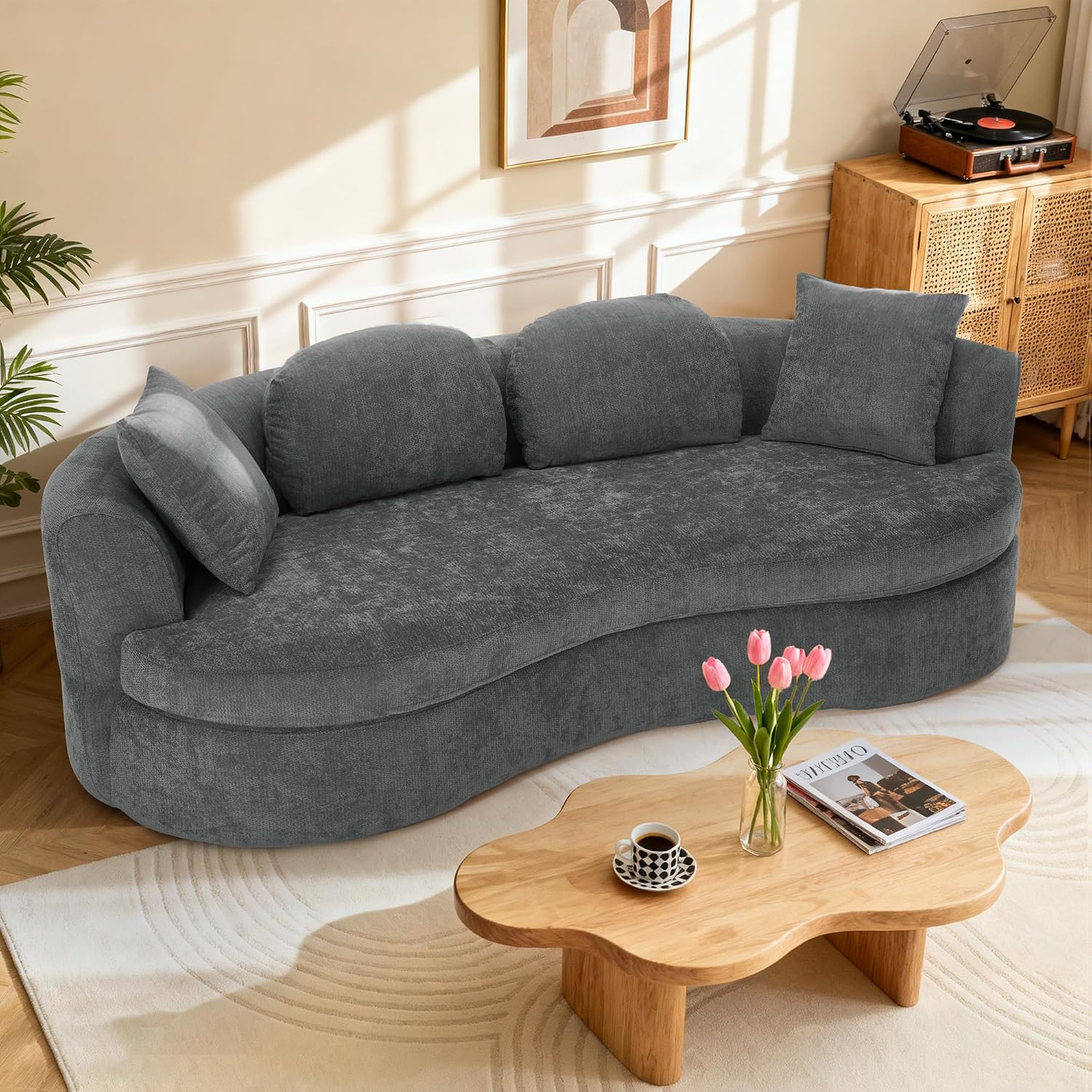 95' Modern Curved Sofa, Chenille Fabric Comfy Cloud Couch, No Assembly Required Half Moon Couch with Deep Seat, 4 Pillows for Living Room, Apartment, Bedroom