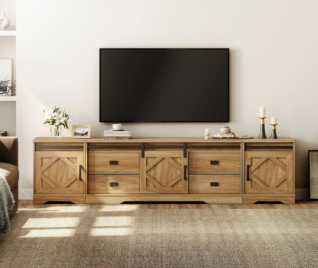 WAMPAT 3-in-1 Modern Farmhouse TV Stand for TVs up to 110',Large Wood Entertainment Center with 4 Drawers and Storage Cabinet for Living Room,Wood Grain Engraving Purposeful Distressing,Vintage Oak