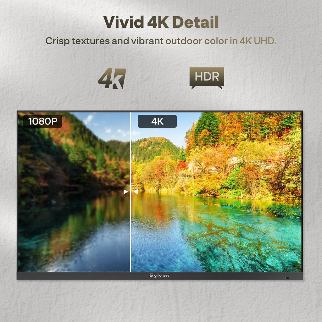 SYLVOX 65 inch Outdoor TV with Stand & Soundbar, Ultra-Narrow Bezel, 4K Smart TV, 1000 nits, IP56 Waterproof, Dual Speakers, All-Weather Metal Chassis for Patio, Deck, Backyard (Frameless Series)