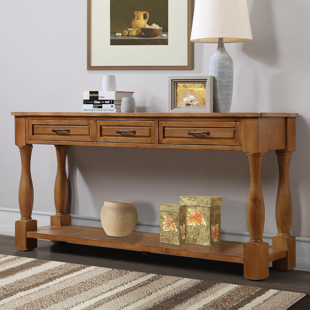 Merax Retro Entryway Table with 4 Drawers, Console Table with Open Storage Shelf for Entryway, Wood Side Table with Thick Legs for Living Room Bedroom, Brown