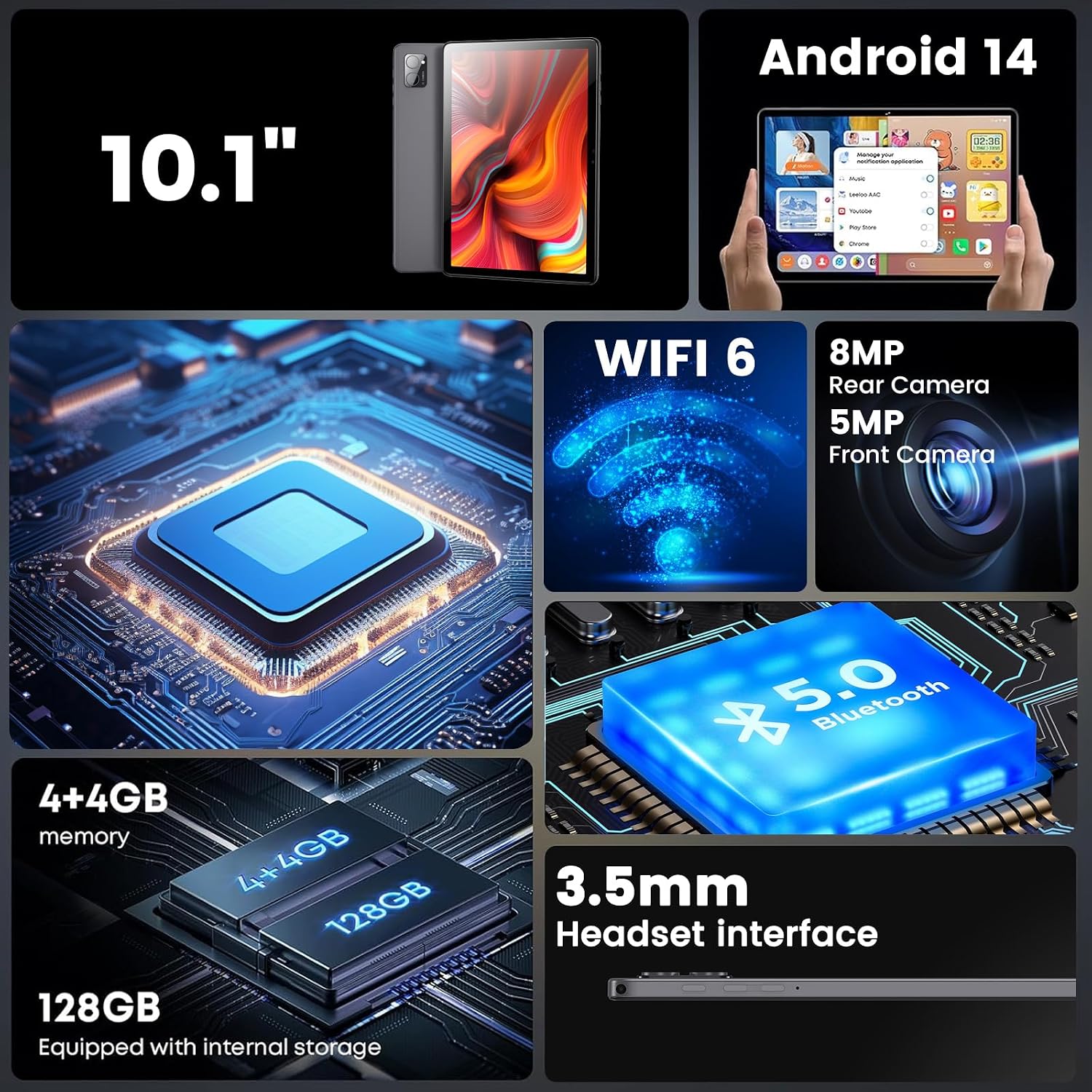 Azeyou Android Tablet 10 Inch, 8GB RAM 128GB, Octa-Core, 1280×800 IPS Display, WiFi 6 Bluetooth 5.0, 6000mAh Long-Lasting Battery, Dual Camera, Face Unlock, Parent Control, GMS Certified, Metal