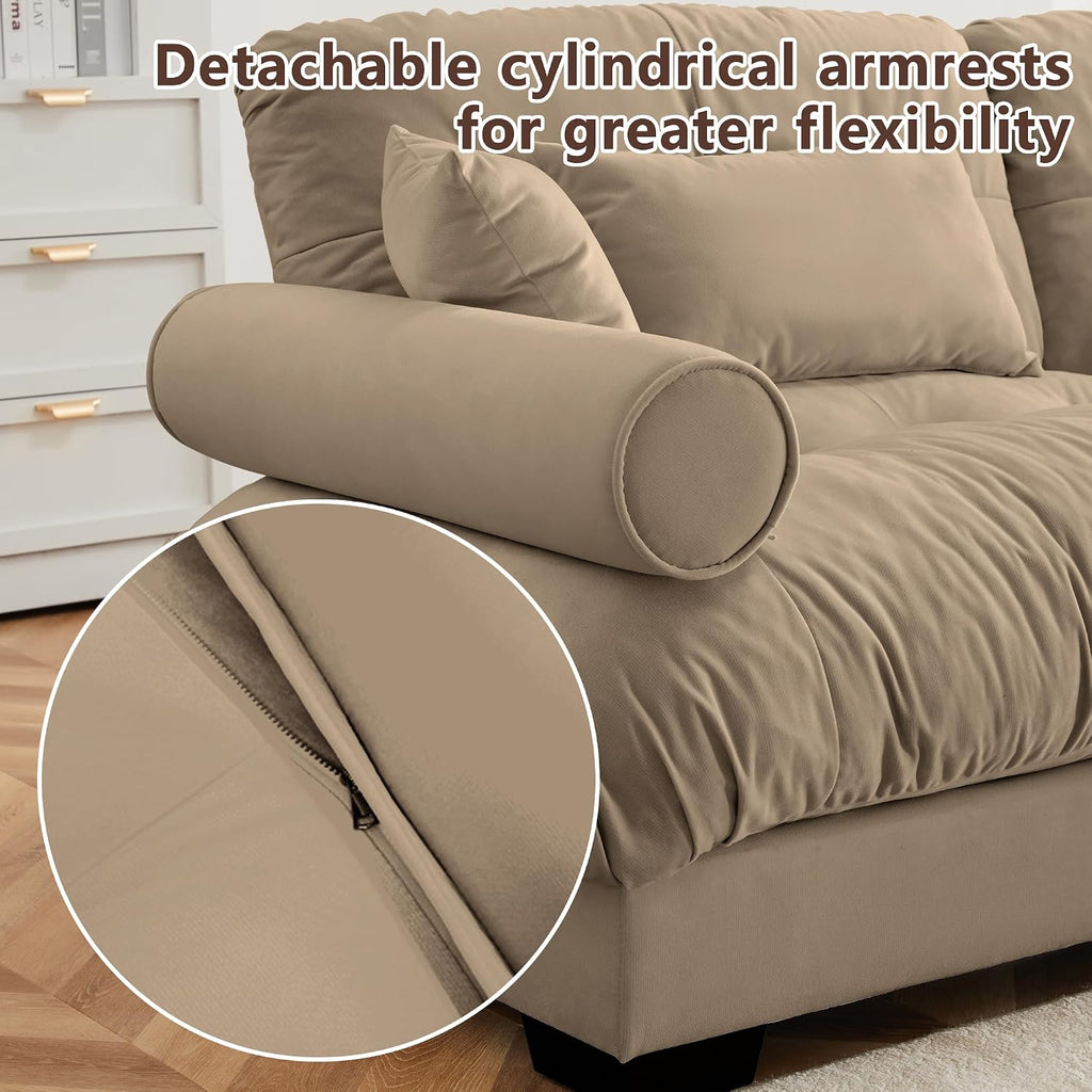 Loveseat Sofa 93.7' Modular Sectional Sofa, 2 Seater Modern Cloud L Shaped Couch, Oversized Sectional Couches for Living Room, Comfy Velvet Sofas Deep Seat Couch with 4 Pillows, Camel