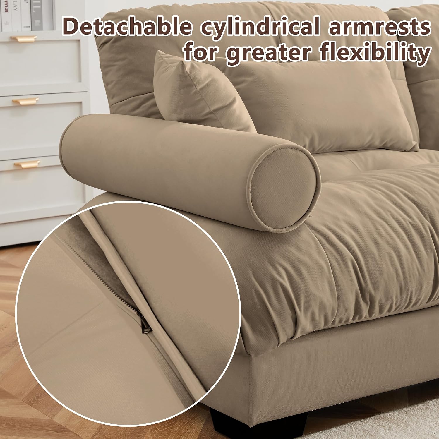 Loveseat Sofa 93.7' Modular Sectional Sofa, 2 Seater Modern Cloud L Shaped Couch, Oversized Sectional Couches for Living Room, Comfy Velvet Sofas Deep Seat Couch with 4 Pillows, Camel