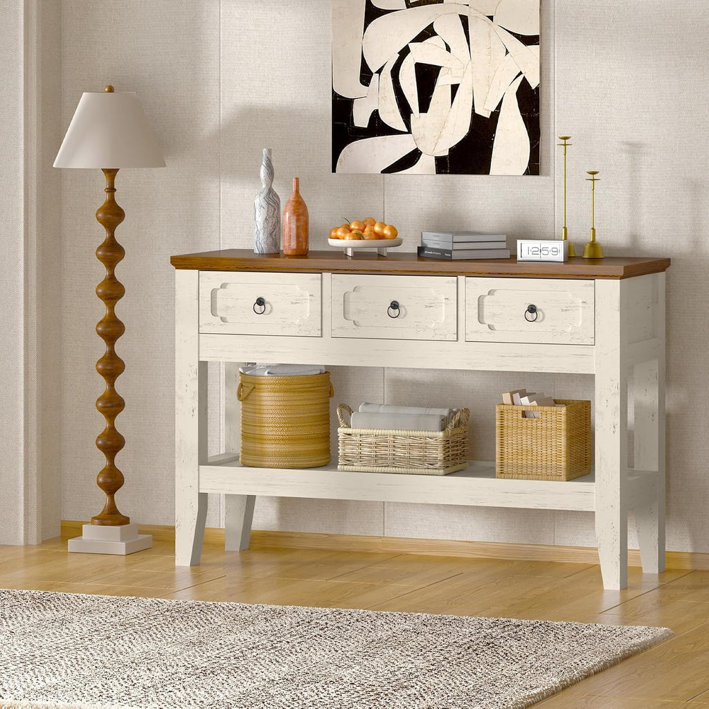 IDEALHOUSE 47in Long Console Table, Farmhouse Narrow Entryway Sofa Table with Drawers and Bottom Shel for Living Room Entrance Foyer, Rustic White