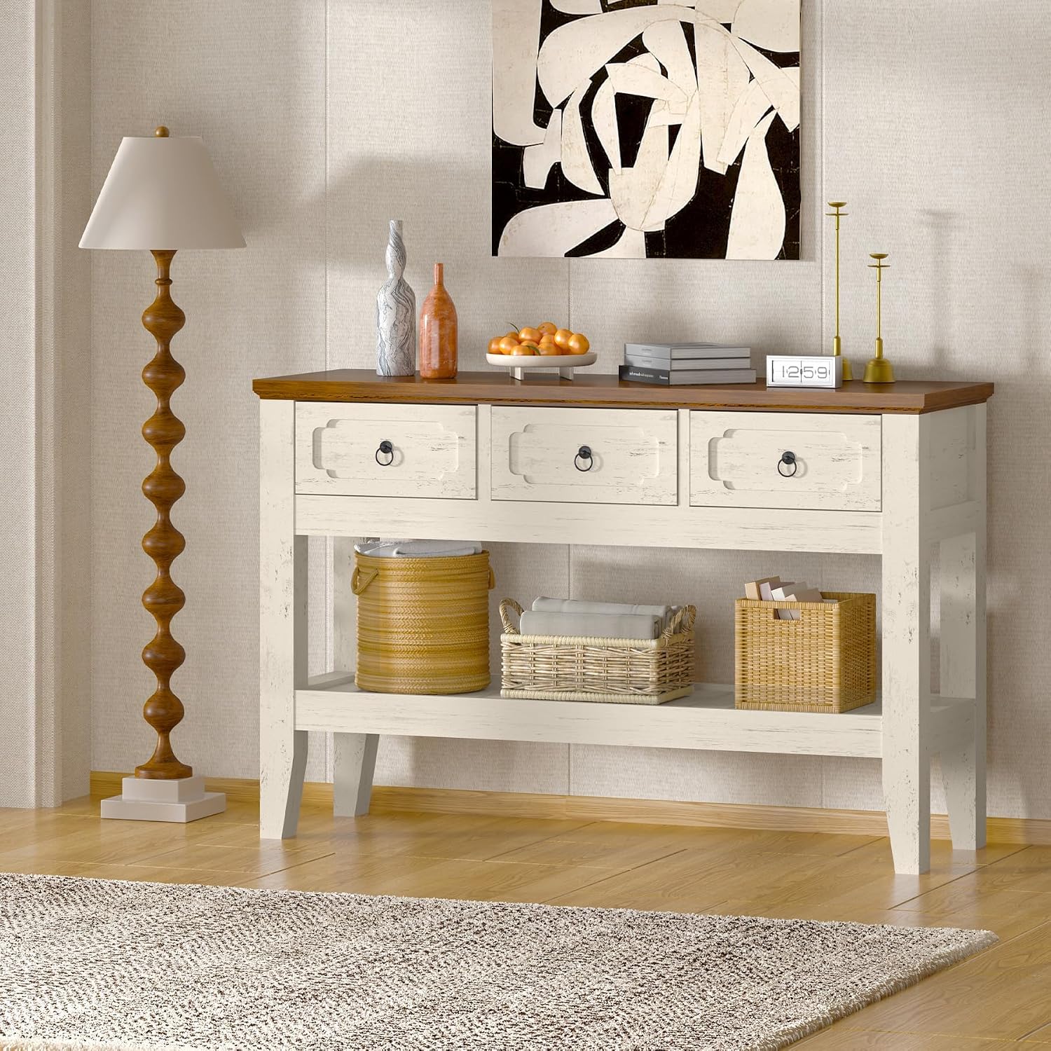 IDEALHOUSE 47in Long Console Table, Farmhouse Narrow Entryway Sofa Table with Drawers and Bottom Shel for Living Room Entrance Foyer, Rustic White