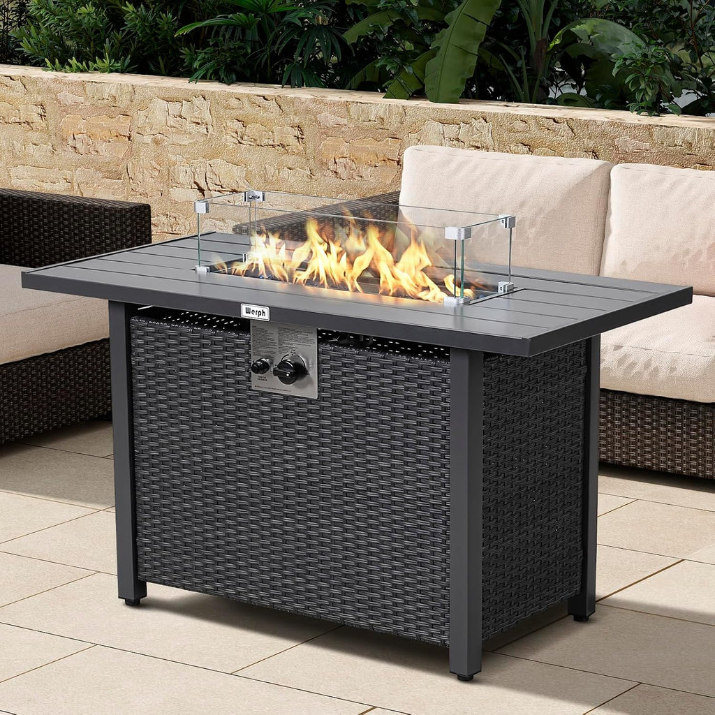 Werph 43' Propane Fire Pit Table with Rattan Fence, 50,000 BTU Gas Fire Pits for Outside Patio with Auto-Ignition, 2-in-1 Fire Table with Natural Lava Rock, Wind Guard& Removable Lid, Black