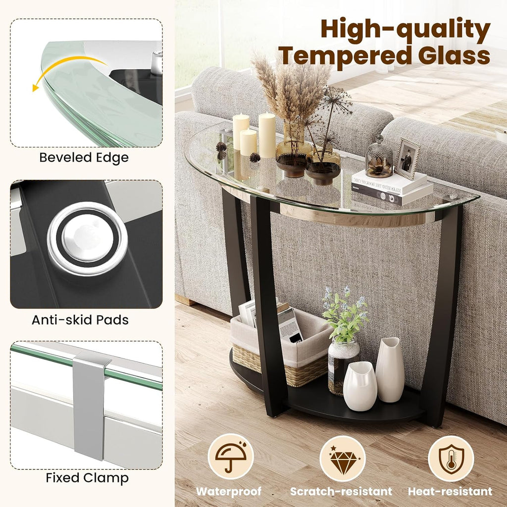 Giantex 2-Tier Glass Console Table, Half Moon Modern Entryway Table with Tempered Glass Top & Open Storage Shelf, Narrow Long Sofa Table for Living Room, Hallway, Foyer, Entrance (Black)