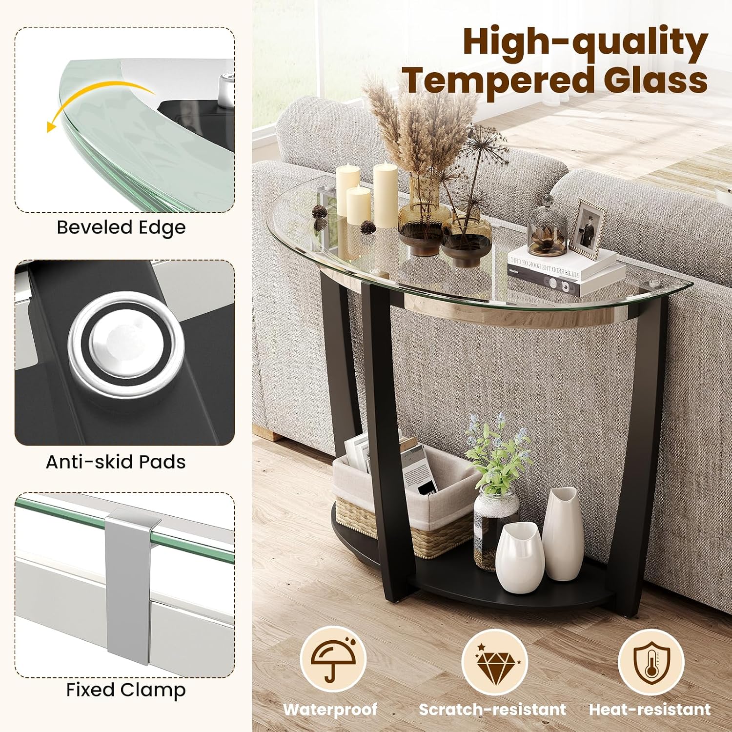 Giantex 2-Tier Glass Console Table, Half Moon Modern Entryway Table with Tempered Glass Top & Open Storage Shelf, Narrow Long Sofa Table for Living Room, Hallway, Foyer, Entrance (Black)