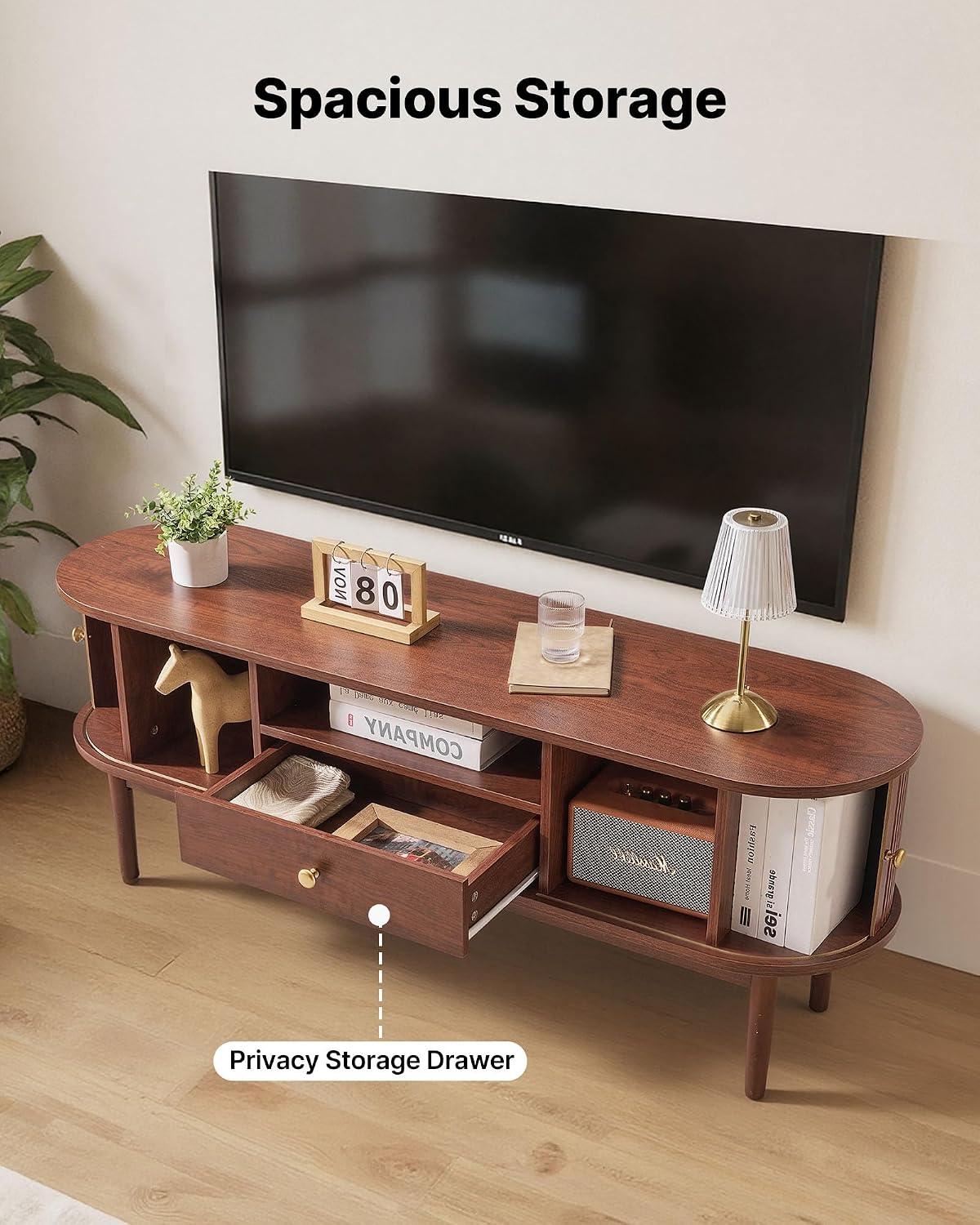 VEVOR Boho Fluted TV Stand with Storage and Drawer, for 55/60/65 inch TVs, Mid Century Modern Entertainment Center TV Console with Sliding Tambour Door & Open Shelves for Living Room, Bedroom, Walnut