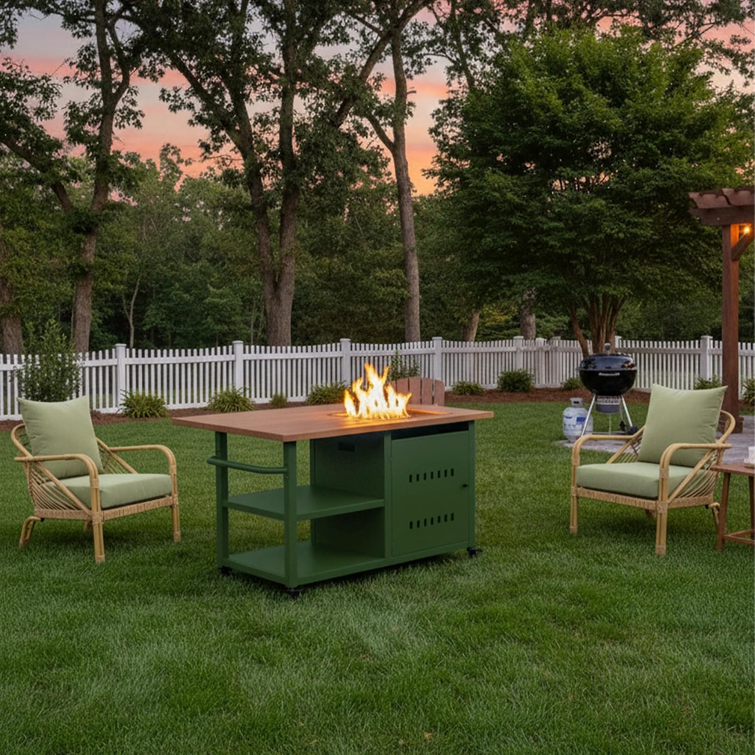 44' Propane Fire Pit, Outdoor Fire Pit Table with Cover, Outdoor Fireplace Gas Fire Pits for Outside Patio, Rectangular Firepit Table with Lid and Glass Rocks for Indoor/Deck/Backyard, Green