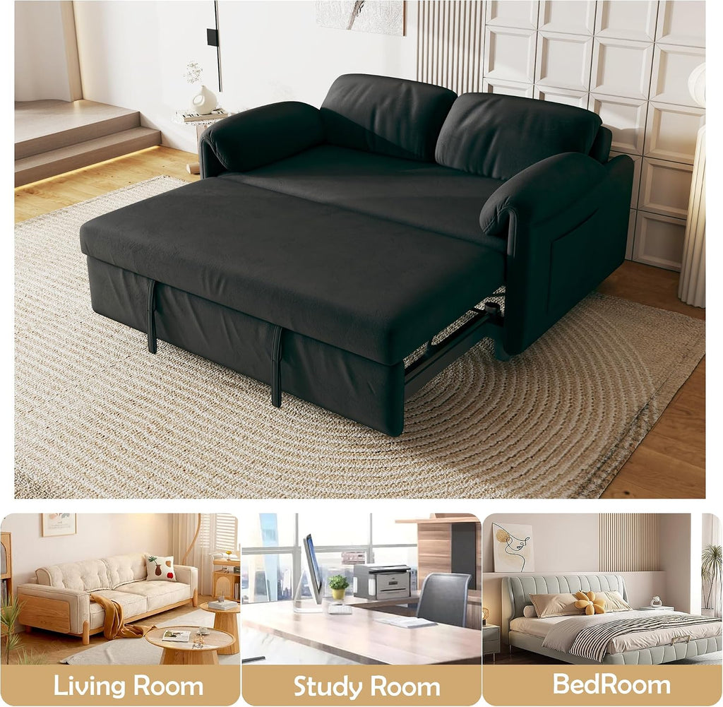 KEIKI 3 in 1 Full Velvet Convertible Pull Out Sofa Bed, Adjustable Backrest & Side Pockets, Modern Sleeper Recliner Couch for Living Room, Black