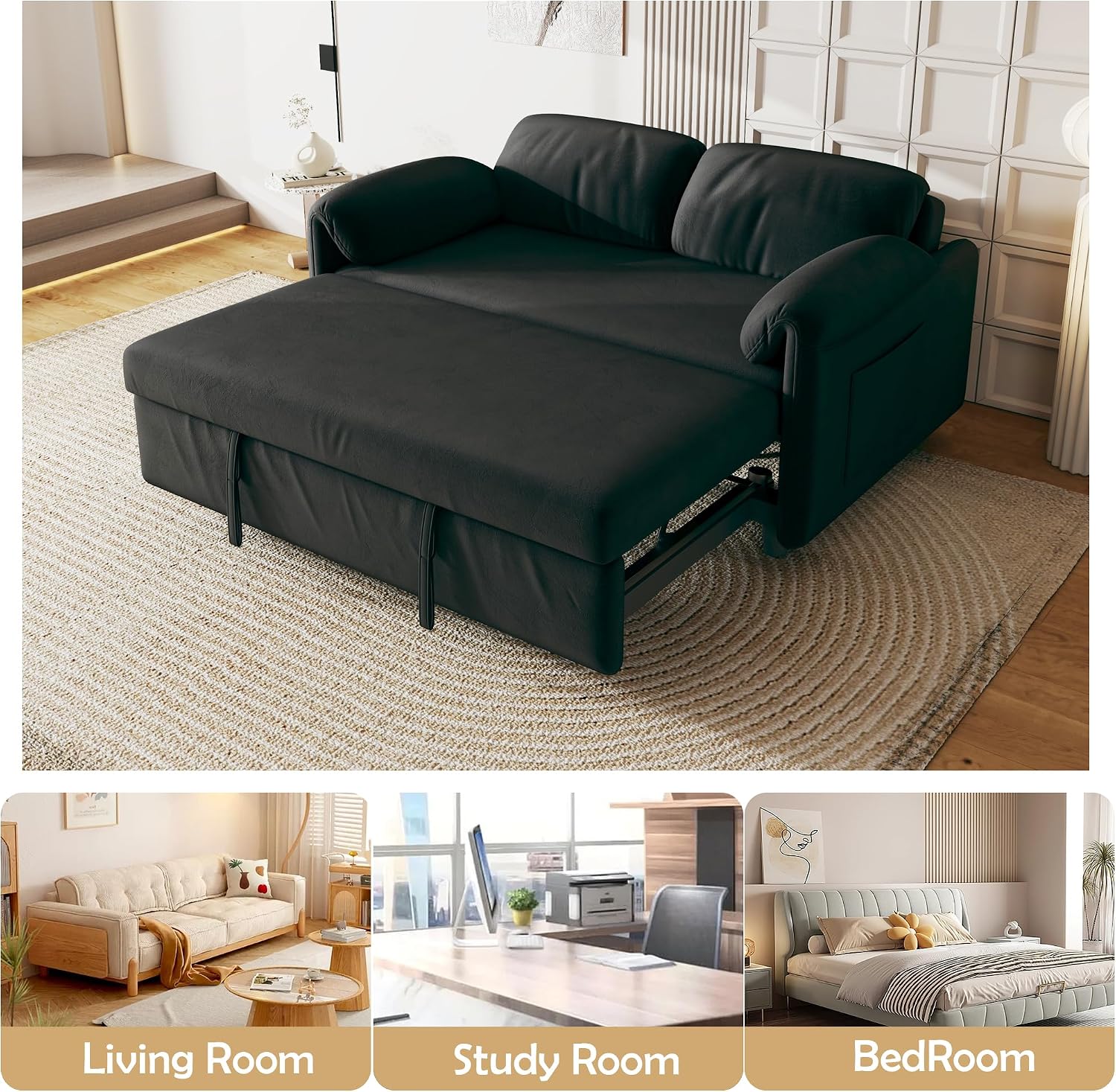 KEIKI 3 in 1 Full Velvet Convertible Pull Out Sofa Bed, Adjustable Backrest & Side Pockets, Modern Sleeper Recliner Couch for Living Room, Black