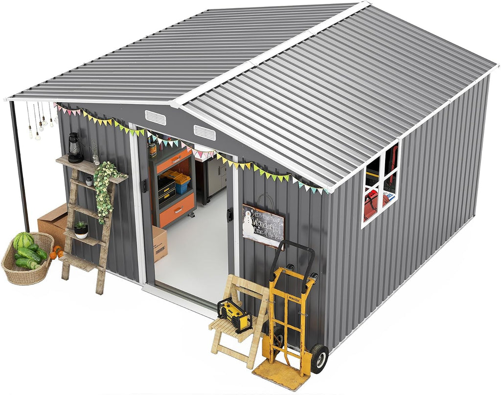 KEIKI 10x12 FTOutdoor Storage Shed, Extra Large Metal Shed with Lockable Doors, Windows, Outside Steel Tiny House Ideal for Garden, Backyard, Patio Utility, Tool Storage, Chicken Coops, Dark Gray