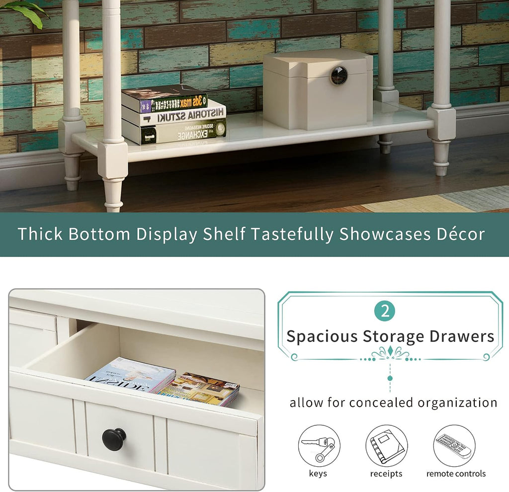 Merax Wood Sofa Table Console Table,Entryway Table Traditional Design with Two Drawers and Bottom Shelf for Living Room,Hallway,Dining Room,Lvory White