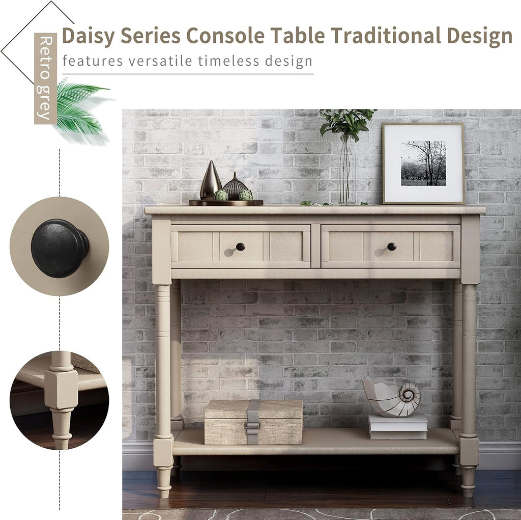 Merax Wood Sofa Table Console Table,Entryway Table Traditional Design with Two Drawers and Bottom Shelf for Living Room,Hallway,Dining Room,Retro Grey
