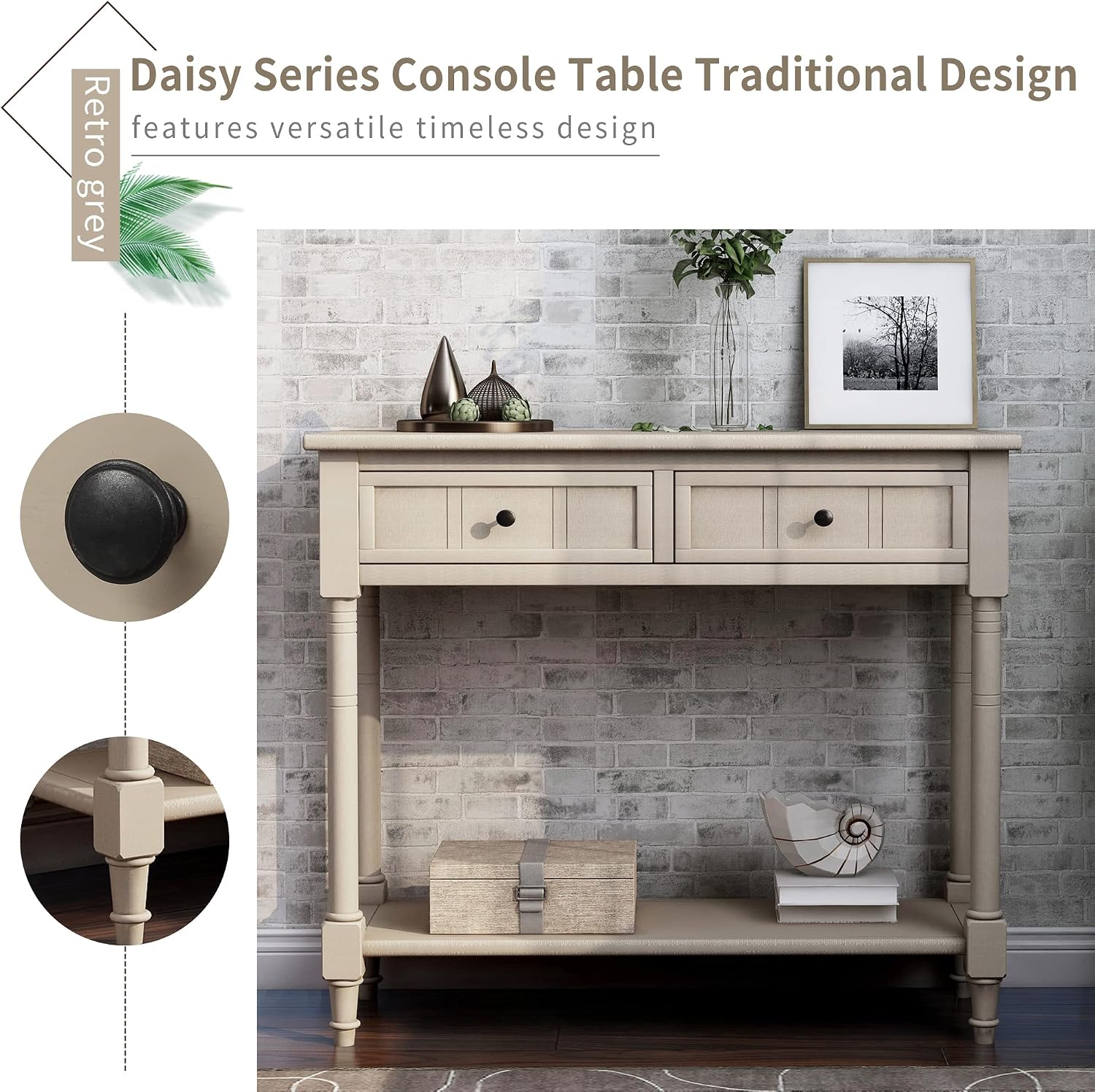 Merax Wood Sofa Table Console Table,Entryway Table Traditional Design with Two Drawers and Bottom Shelf for Living Room,Hallway,Dining Room,Retro Grey