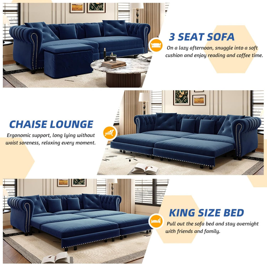 Ball & Cast 3-in-1 Convertible Sofa Bed with Movable Ottoman, 89' Pull Out Couch Bed King Size, Velvet 3 Seater Sleeper Sofa with Nailhead Trim & Rolled Arm,Sofa Couches for Living Room,Blue