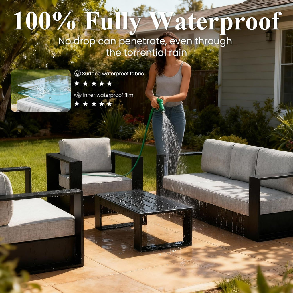 LayinSun Oversized Aluminum Outdoor Furniture Set, 4 Piece Patio Sofa Sets with Coffee Table, Deep Seating and Upgraded 6-inch Cushions for Porch, Balcony, Deck