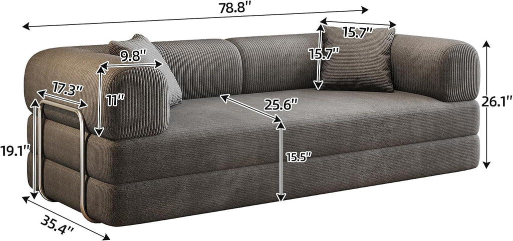 Ball & Cast 78.8' Compressed Modular Sofa Bed, No-Assembly Convertible Floor Futon Couch with Pillow Backrest & Armrest Support, Boneless Corduroy Sleeper Sofa for Living Room & Bedroom, Grey