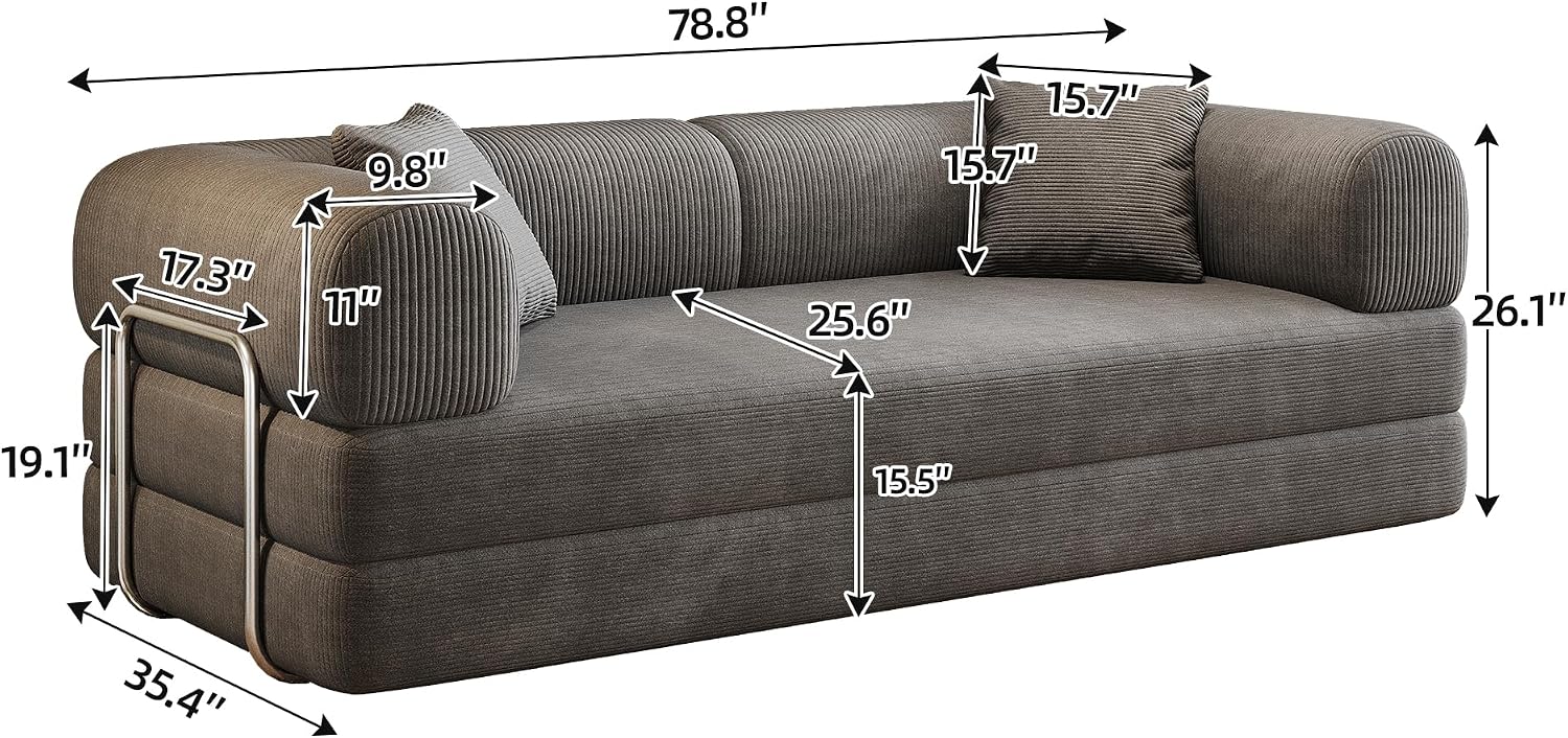Ball & Cast 78.8' Compressed Modular Sofa Bed, No-Assembly Convertible Floor Futon Couch with Pillow Backrest & Armrest Support, Boneless Corduroy Sleeper Sofa for Living Room & Bedroom, Grey