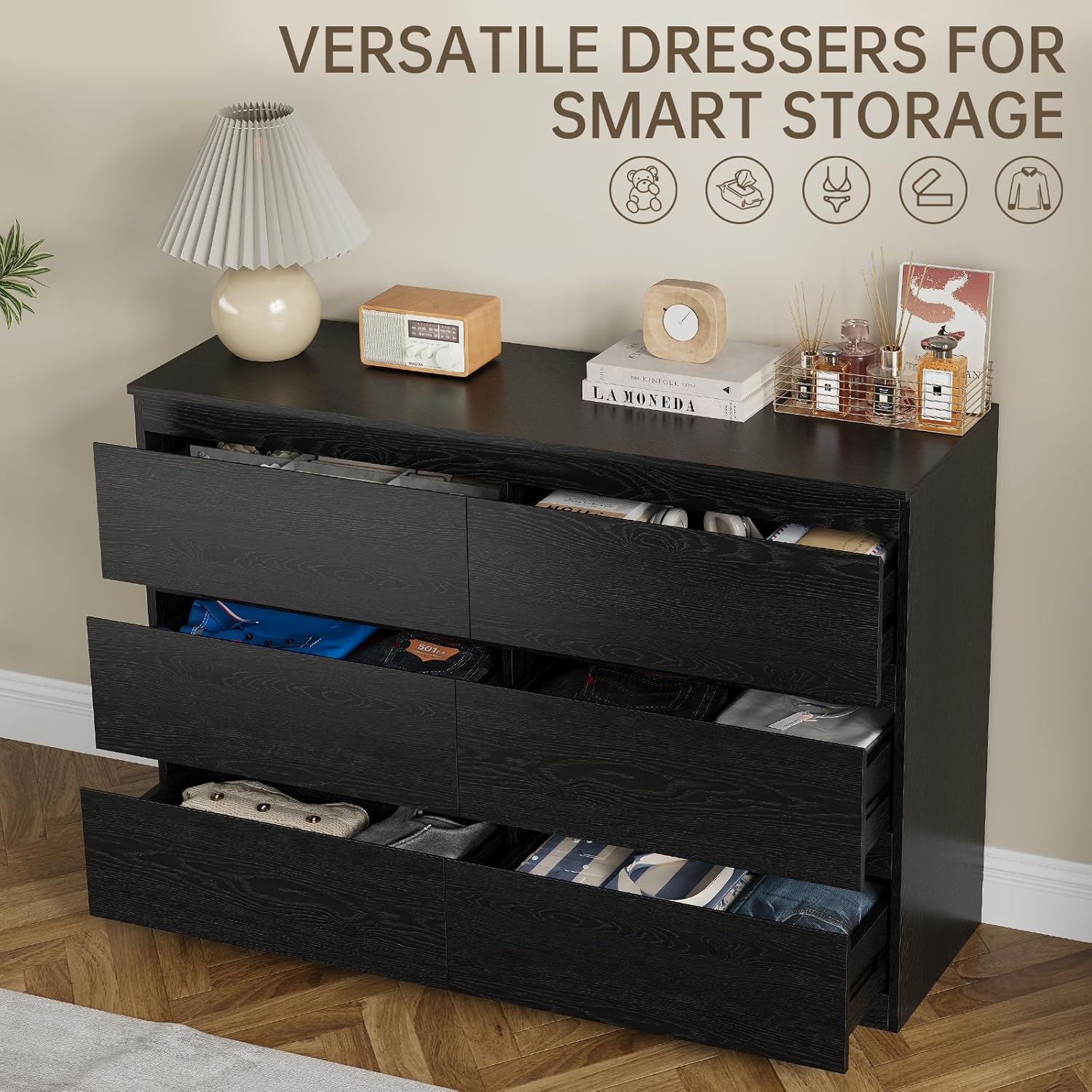 OtterOasis Black Wood Dresser, 6 Drawer Dressers for Clothes Storage for Bedroom, Modern Dresser with Wide Drawers, Wide Wooden Chest Drawers for Living Room|Entryway|TV Stand(47' W x15.4 Dx32.3 H)