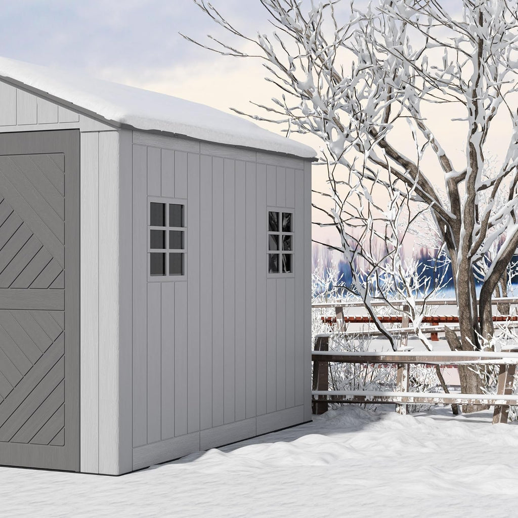 Mrosaa 6x8.6 FT Storage Shed with Floor,HDPE Resin Outdoor Storage Shed Weather Resistant,Lockable Garden Sheds with Windows for Home/Garden Tools/Backyard/Lawn Mower/Bike Storage(Gray)