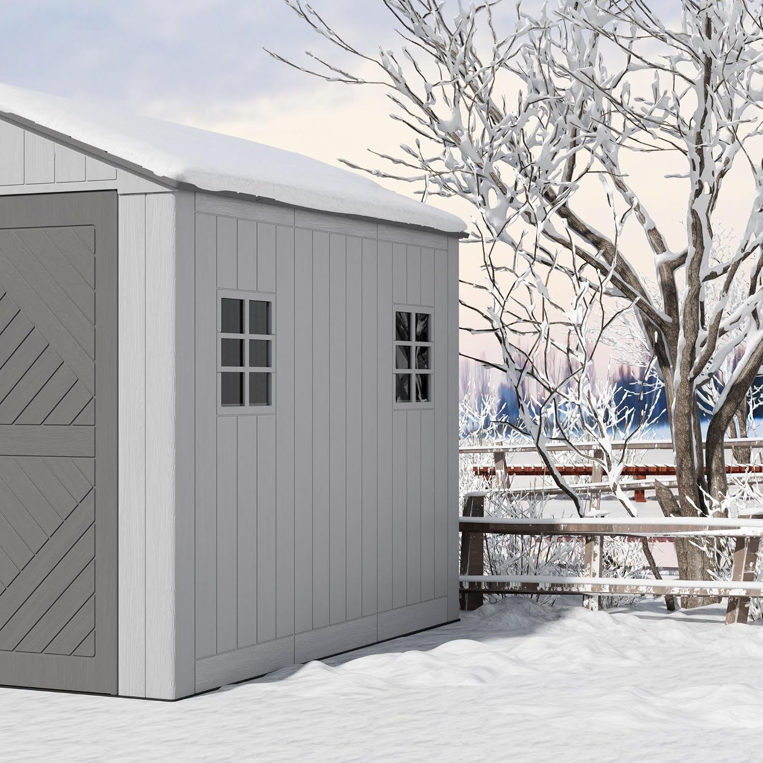 Mrosaa 6x8.6 FT Storage Shed with Floor,HDPE Resin Outdoor Storage Shed Weather Resistant,Lockable Garden Sheds with Windows for Home/Garden Tools/Backyard/Lawn Mower/Bike Storage(Gray)