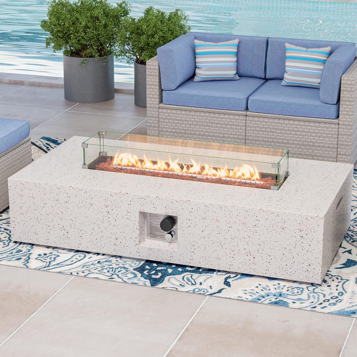 COSIEST Outdoor Propane Fire Pit Table 56' x 28' Rectangle Beige Compact Concrete-Like Finish, Certified, 50,000 BTU,Wind Guard, Tank Outside, Free Lava Rocks, Fits 20lb Tank Outside, Raincover