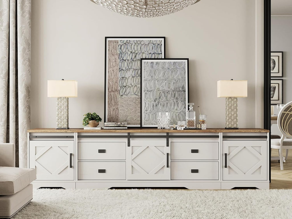 WAMPAT 3-in-1 Modern Farmhouse TV Stand for TVs up to 110',Large Wood Entertainment Center with 4 Drawers and Storage Cabinet for Living Room,Wood Grain Engraving Purposeful Distressing,Antique White