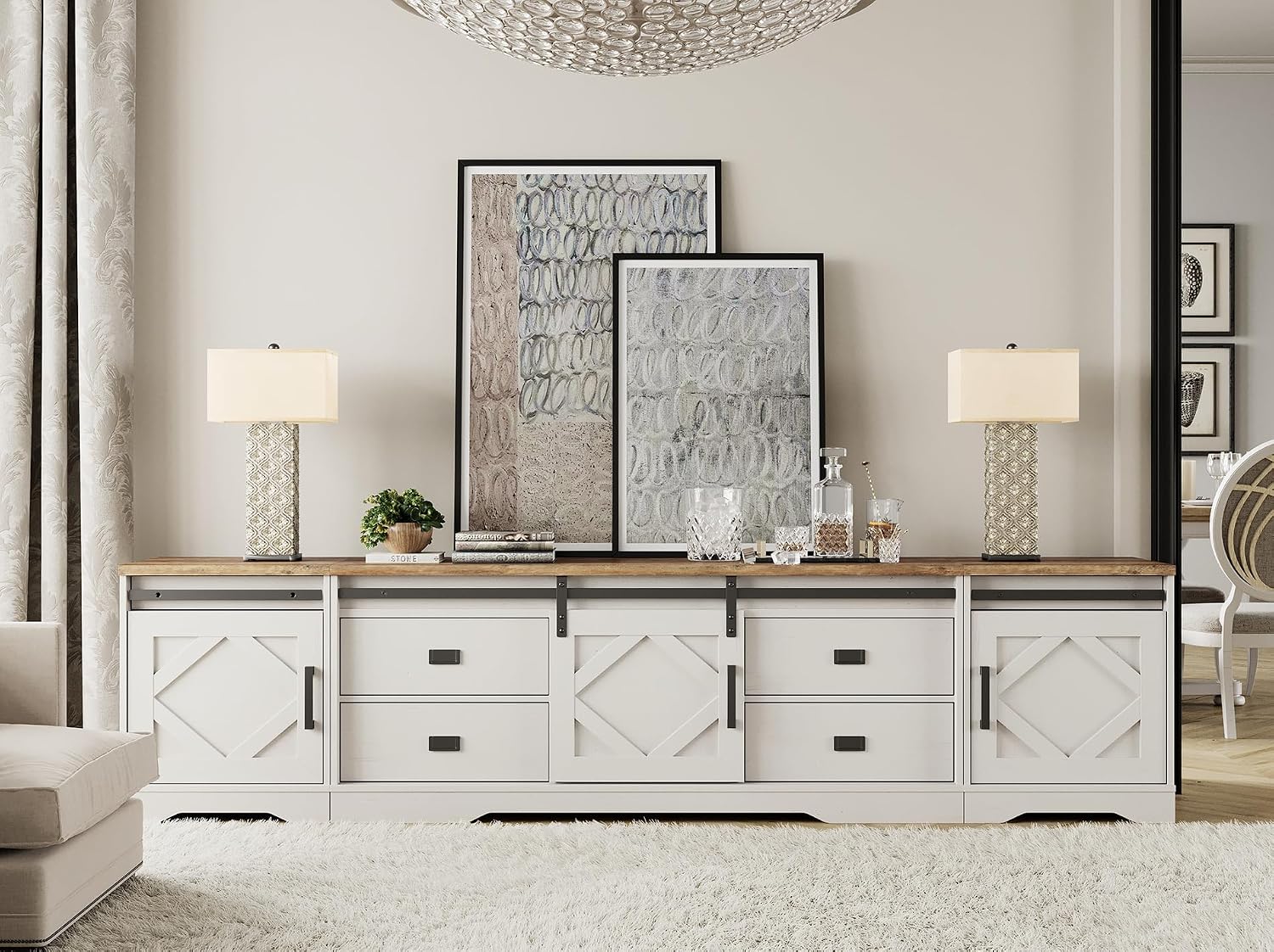 WAMPAT 3-in-1 Modern Farmhouse TV Stand for TVs up to 110',Large Wood Entertainment Center with 4 Drawers and Storage Cabinet for Living Room,Wood Grain Engraving Purposeful Distressing,Antique White