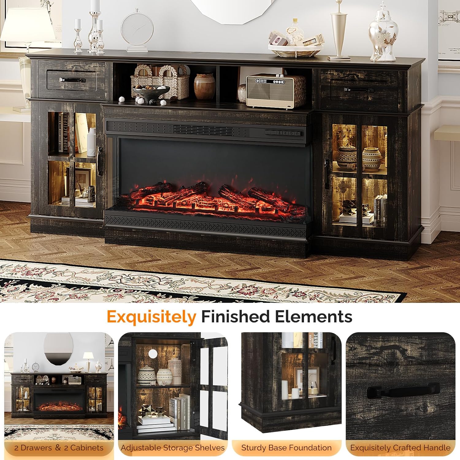 Bonnlo Fireplace TV Stand for up to 80'' TVs, Entertainment Center with 3-Sided Glass Electric Fireplace Heater, Glass Doors & Drawers, LED Media Console, Living Room, Dark Rustic Oak