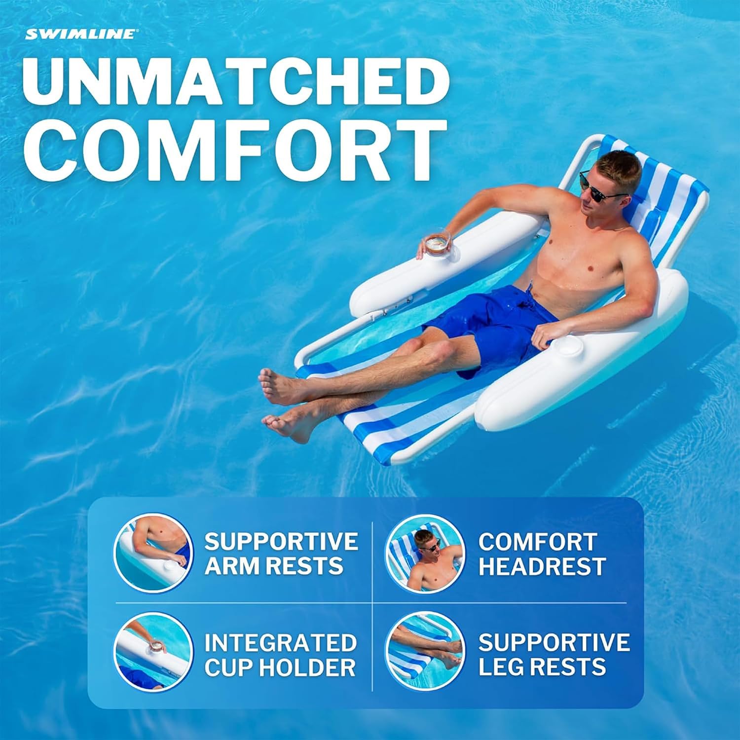 SWIMLINE ORIGINAL 10000M Sunchaser Sling Style Floating Lounge Chair Pool Float | Molded Frame & Pontoon Design | Pool Floats Adult | Pool Lounger | Pool Accessories | Pool Chairs and Lounges