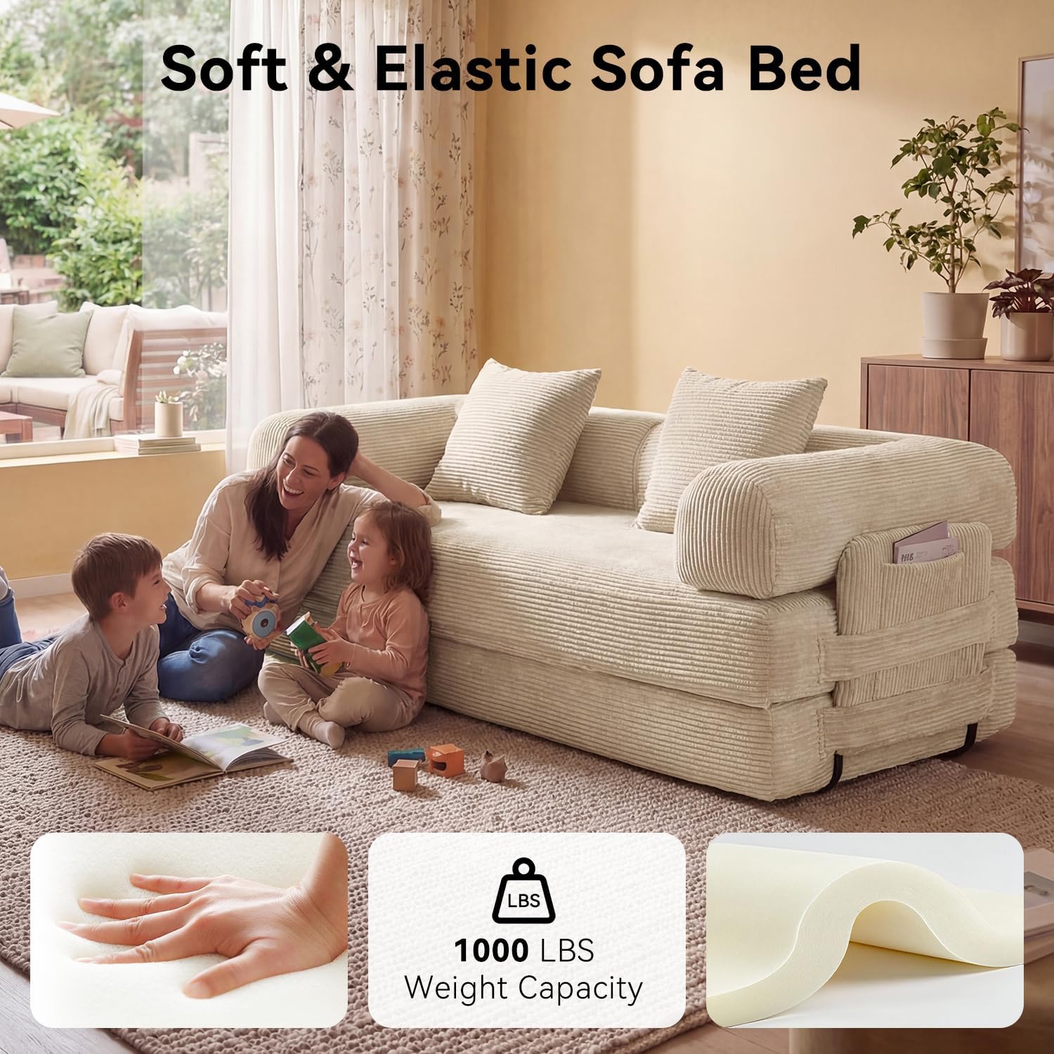 79' Sofa Bed Convertible Boneless Couch Corduroy Modular Couch Bed with Fixed-Shape Frame & Removable Armrests for Living Room, Bedroom (White)